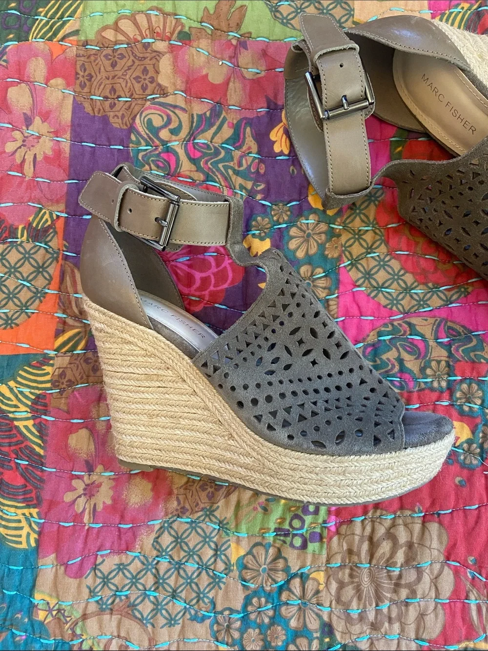 Marc Fisher Olive Green Laser-Cut Espadrille Wedges